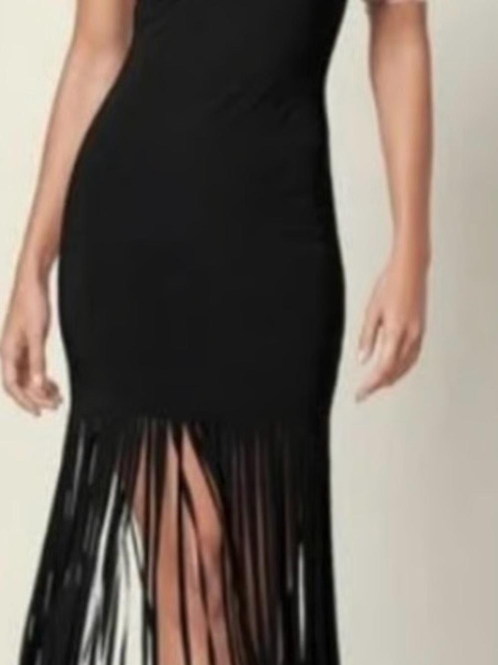 VENUS Black Fringe-Trim High-Low Dress